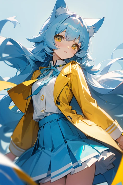 Light blue, slightly long curly hair、Cat ear、Yellow Eyes、White blouse、Yellow jacket、Light blue skirt、Light blue ribbon on chest、Girl、cute