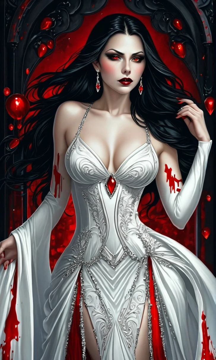 frafed, dark fantasy art, goth art, a beautiful female vampire wearing a (blood stained white evening dress: 1.5), an extremely beautiful female vampire, ultra detailed face, black hair, long hair, wavy hair, red lips, glowing red eyes, visible vampiric fangs, she wears a ((white evening dress: 1.5)), elegant, intricate detailed dress, small cleavage, ((dress is decorated with gems: 1.4)), she wears knee high heels boots, there are stains of blood on the upper [art of the dress, dynamic background