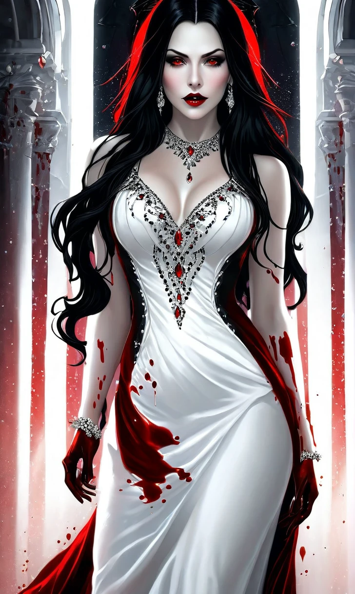 frafed, dark fantasy art, goth art, a beautiful female vampire wearing a (blood stained white evening dress: 1.5), an extremely beautiful female vampire, ultra detailed face, black hair, long hair, wavy hair, red lips, glowing red eyes, visible vampiric fangs, she wears a ((white evening dress: 1.5)), elegant, intricate detailed dress, small cleavage, ((dress is decorated with gems: 1.4)), she wears knee high heels boots, there are stains of blood on the upper [art of the dress, dynamic background