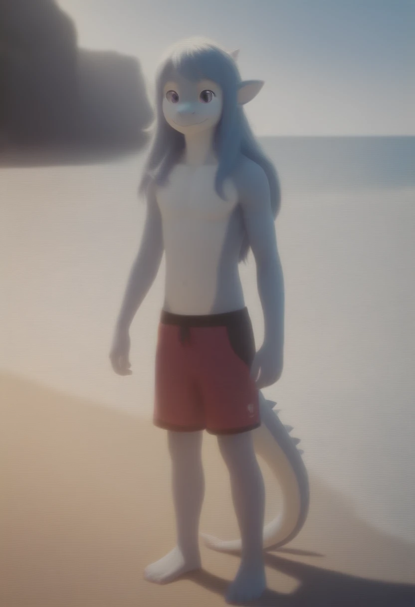 Sunlight,high resolution,4K,love,(((whole body:1.1))),masterpiece,high quality,Brave and bold,((dragon)),male,(((seaside,Standing on the beach))),dragonFurry,(youth),hairy,((Handsome,Smiling Face,Long hair)),((peaceful,Moderate)),(((Well-proportioned body,Small ears,Well-proportioned limbs,dragon尾巴:1.2,Meat pad))),(((Blue ears:1.5,Dark blue head,dark blue back,Dark blue limbs,White breast,White belly,Red and blue pupils,蓝色Meat pad))),(((Black swimming trunks,No shoes:1.3))),Handsome脸庞,Exquisite eyes,Detailed body,Detailed hands,Detailed feet