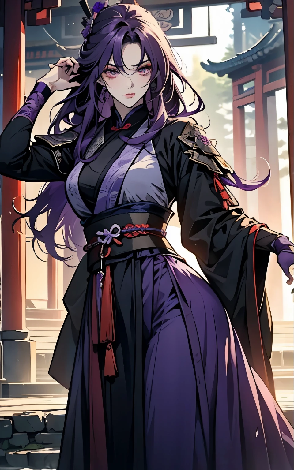 1 women, Raiden Shogun - genshin impact, long purple hair, violet eyes, violet chinese clothes, ultra long skirt, Fight, battle, blood