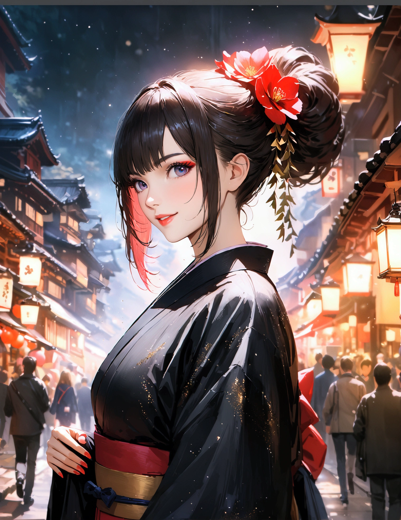 Kyoto, kimono,Maiko makeup,Blur the background,young woman,smile,Glitter effect,Highest quality, 4K, 8K, High resolution, masterpiece:1.2, Very detailed, Realistic:1.37, High resolution, 超High resolution, Ultra-fine painting, Sharp focus, Physically Based Rendering, Very detailedな説明, Professional, Vibrant colors