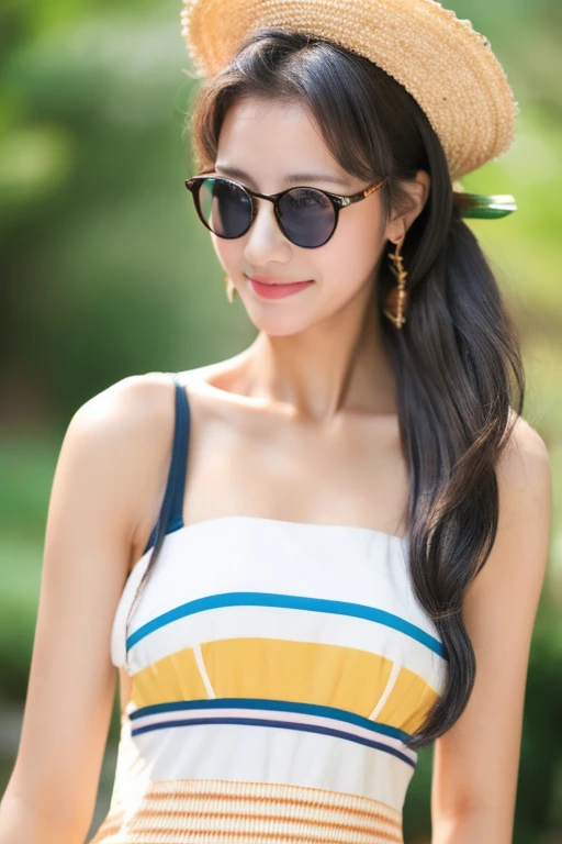 Highest quality、masterpiece、High sensitivity、High resolution、Detailed Description、Slim Body、Glasses、looks fun、Tan Skin、Striped dress、While turning around、