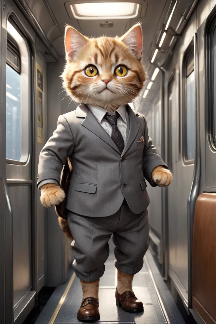  small, かわいいbornき物, I am on a train、Has a hanging ring、Standing sideways、Wearing a gray suit、Wearing suit pants、commute、Brown leather shoes、 whole body,Small ,, Costumes,、 Fantasy art, Exquisite detail, Jean-Baptiste Monge Style, office、Alan Lee Style, An anthropomorphic, fat, furry tabby kitten with yellow eyes, Movie Scenes, Dramatic shot angles, , Realistic, born々Amazing cinematic photorealism, Action Portrait, 8K, detailed, Full Frame