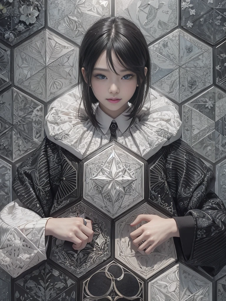(Realistic, Geometrical art, official art, beautiful and aesthetic, ultra detailed, beautiful, masterpiece, best quality:1.8), (1girl:1.2), Detailed face, Detailed eyes, Detailed hair, Detailed fingers, five fingers,
_
BREAK cute ig model, Japanese cute model, 22 years old, Tightened all body, small head, small face, small mouth, diamond Face, small nose, Sharp Faceline, smile,Teeth, (dropy eyes, Double eyelid, Light color eyes, Moist eyes, Shiny eyes:1.2), Shiny hair, Shiny skin,
_
BREAK (happy, smile, Teeth, Glossy Lips), beautiful Teeth,
_
BREAK (oversize, black long sweat on print sweatshirt:1.2),(Collared White Geometric patterns print:1.2),(black tight long skirt:1.2), (black and White Enamel high-cut Sneakers:1.2),silver necklace,earring,