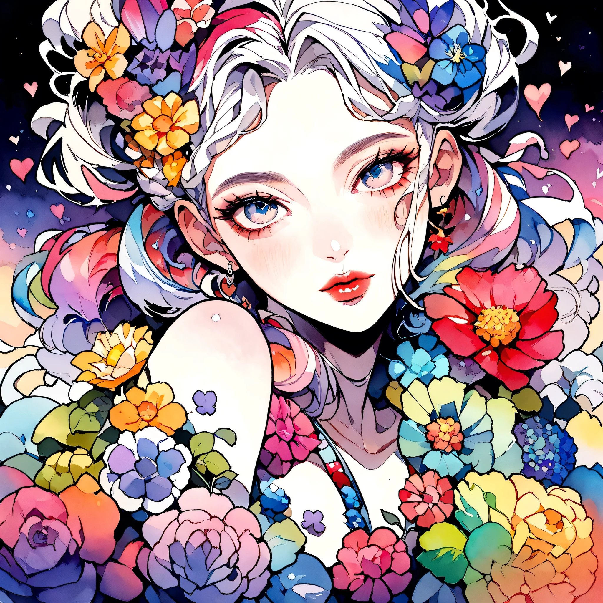 ぺこ Style、(((stylish fashion))), 8K Quality、Intense watercolor, Detailed watercolor art, Watercolor splash, Surreal, avant-garde pop art, Beautiful and expressive paintings, Beautiful artwork illustration, Very colorful tones, wonderful, Cool beauty, highest quality、Official Art, Vector art, Stylish design, (((The most beautiful girl))), (((highest quality))), HDR, ((detailed)), (((Doodle Art)), ((masterpiece)), ((Super detailed)), (((Colorful flowers))), colorful hearts, (((Stylish))), Lips in love