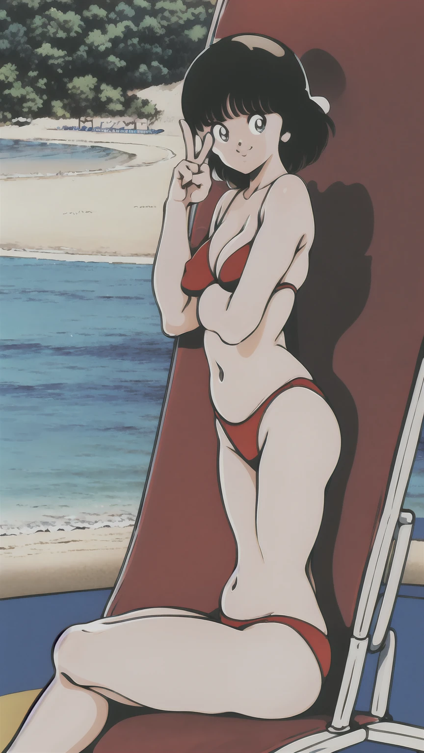 (((character:asakura minami:1.3))),((masterpiece)),((highest quality)),Super detailed,(thin entire outline),enlightenment,explicit,POV,1girl,solo,black hair,medium hair,black eyes,small nose,perfect body,beautiful body,beautiful character design,perfect eyes,perfect face,((happy smile)),small open mouth,(enjoy,having fun:1.2),entp,perspiration,wallpaper,ultra high resolution,8k,photo shoot,(beautiful large breast:1.3),beautiful legs,perfect feet,beautiful skin,fair skin,smooth skin,official style,official art,make a screen cap,outdoor,(summer beach),sunshine,bright lighting,(small micro bikinis:1.2),protruding nipples,((beach delivery chair)),spread legs,(peace sign:1.2),