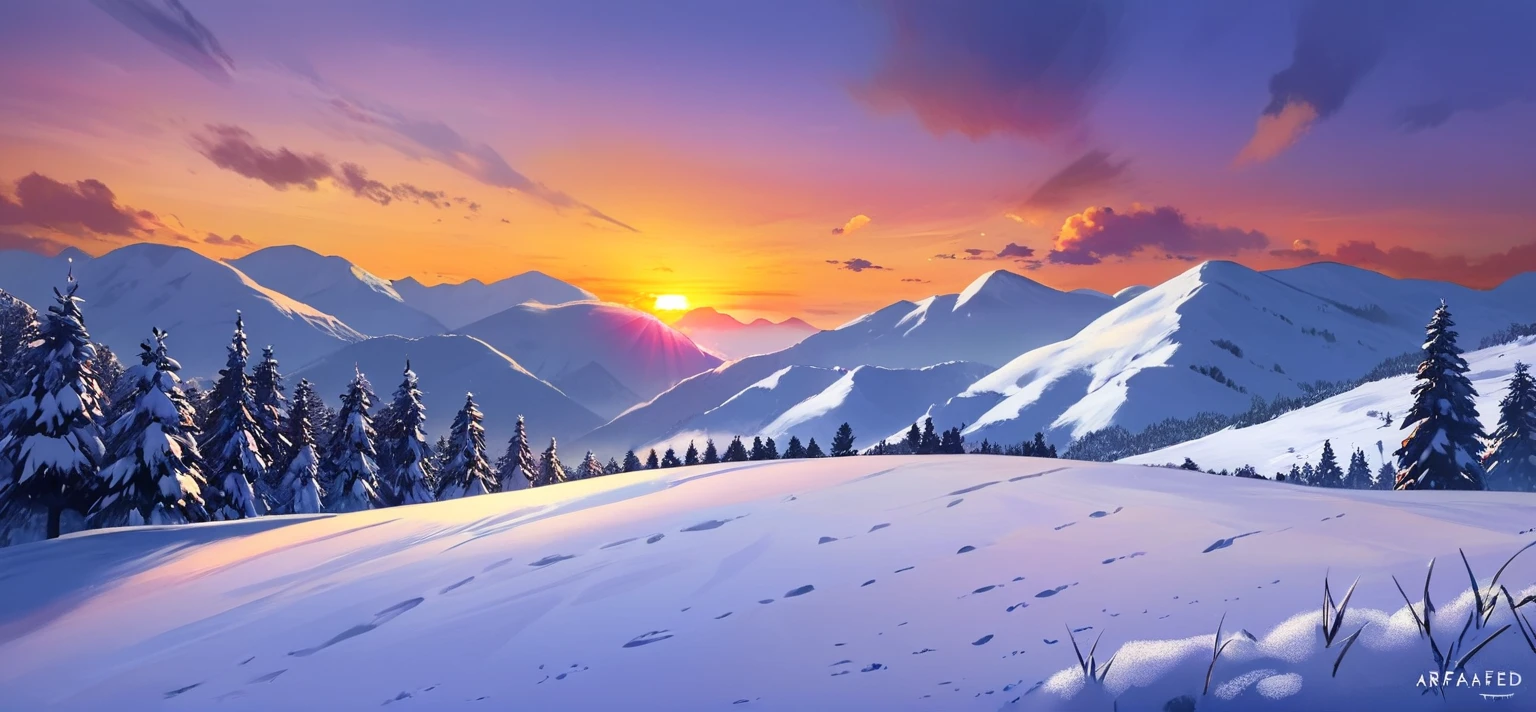 arafed view of a snowy mountain with a sunset in the background, cold but beautiful, warm beautiful scene, beautiful snowy landscape, 🌲🌌, snowy hill at sunrise, cold sunset, winter setting, beautiful winter area, mountains and colorful sunset!!, winter atmosphere, beautiful and spectacular dusk, carpathian mountains, winter landscape outside, in the snow mountains