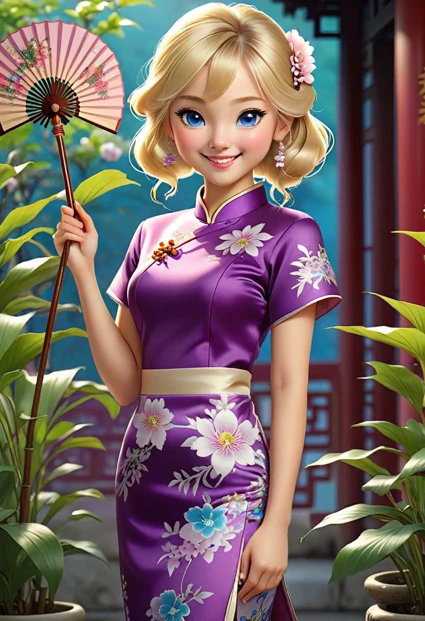 1girl, solo, purple chinese clothes, Cheongsam, blonde hair, looking at viewer, smile, blue eyes, hand, fan, hand on hip, flower, plant, realistic,