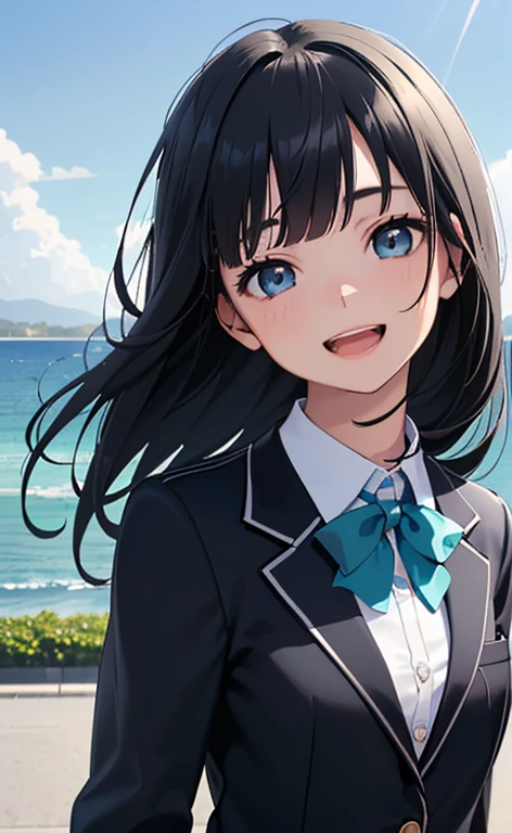 (Photorealistic:1.4)、(15-year-old:1.5),(masterpiece、spot light:1.2、Exquisite beautiful eye:1.5,portlate),(kind eyes、tareme:1.9),(Close-up of face:1.5,face focus:1.5)、(Cute Face、 3D Face)、(black hair:1.5)、(middle hair:1.5),(sidelock :1.5),(blunt bangs:1.3),(1 school girl)、(aqua eyes:1.2)、(upper body:1.5)、(Open mouth happy smile:1.5)、(Hair blowing sideways in the wind:1.4),(Hands in hair1.7)、,(Hands in hair1.7)(head tilt) ,(),(flat chest),(),(school blazer:1.5),(Park with an ocean view background:1.5)、()、()、Slim Body(),Shiny Hair、girl、zydG
