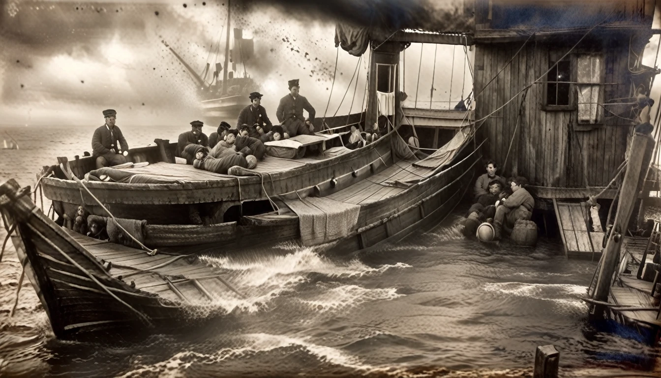 Setting: The dimly lit lower deck of an old wooden ship during a violent storm, with creaking beams and water seeping through cracks.
Subject: Jonah lying on a makeshift bed or pile of sacks, asleep despite the chaos above. Several distressed sailors are clustered around him, shaking him awake, with expressions of fear and urgency. Light from a lantern or small window casts dramatic shadows, highlighting the tension in the scene.
Atmosphere: Claustrophobic and tense, with the sound of the storm and the creaking ship emphasized to create a sense of impending danger.