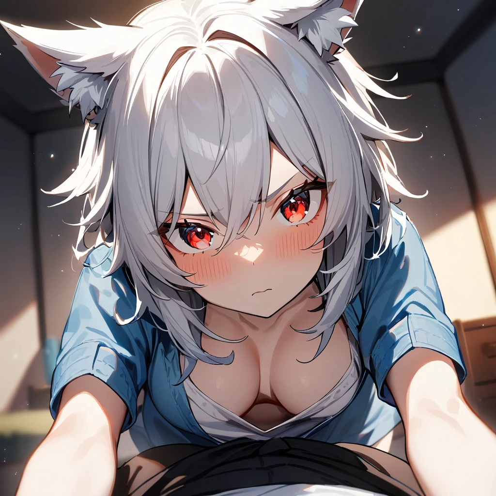 2girls,White hair,red eyes,wolf hair,breasts focus
wolf girls,Androgynous,big breast
best quality,very aesthetic,absurdres,pov,downblouse
