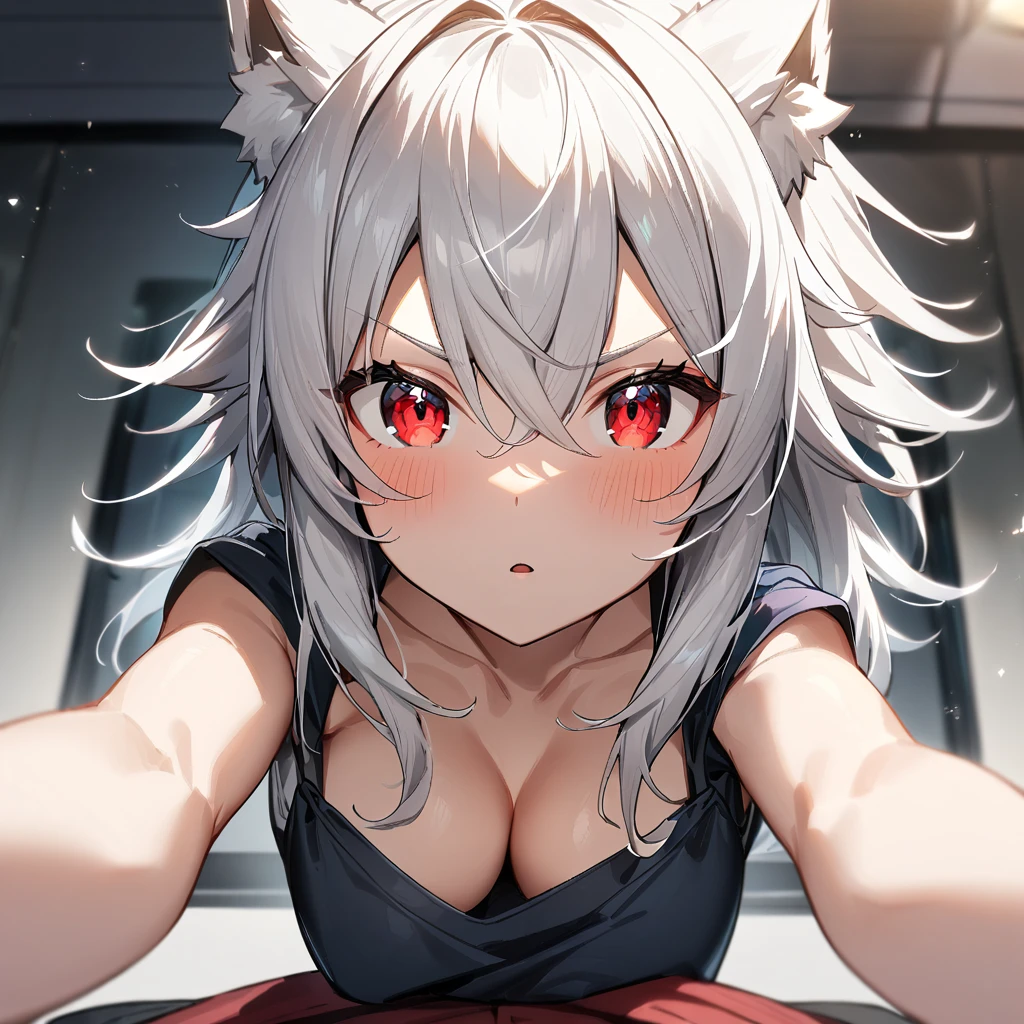 2girls,White hair,red eyes,wolf hair,breasts focus
wolf girls,Androgynous,big breast
best quality,very aesthetic,absurdres,pov,downblouse