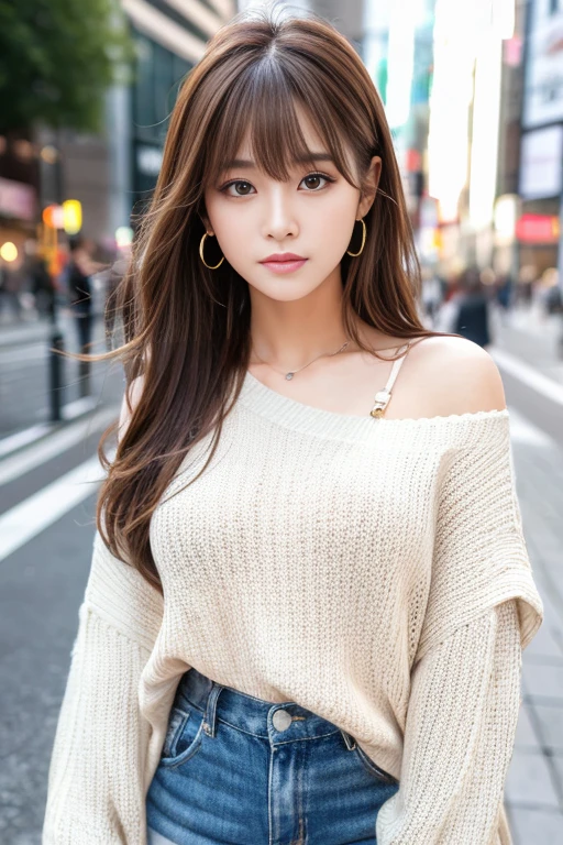 Ultra High Definition, Superior Quality, Premier Quality, ultra detailed, Photorealistic, 8k, RAW Photos, highest quality, masterpiece, Attractive girl, Stunning girl, Brown Hair, Shoulder Length Layered, asymmetrical bangs, K-pop Idol, Sophisticated, Stylish, white knit, Shibuya,