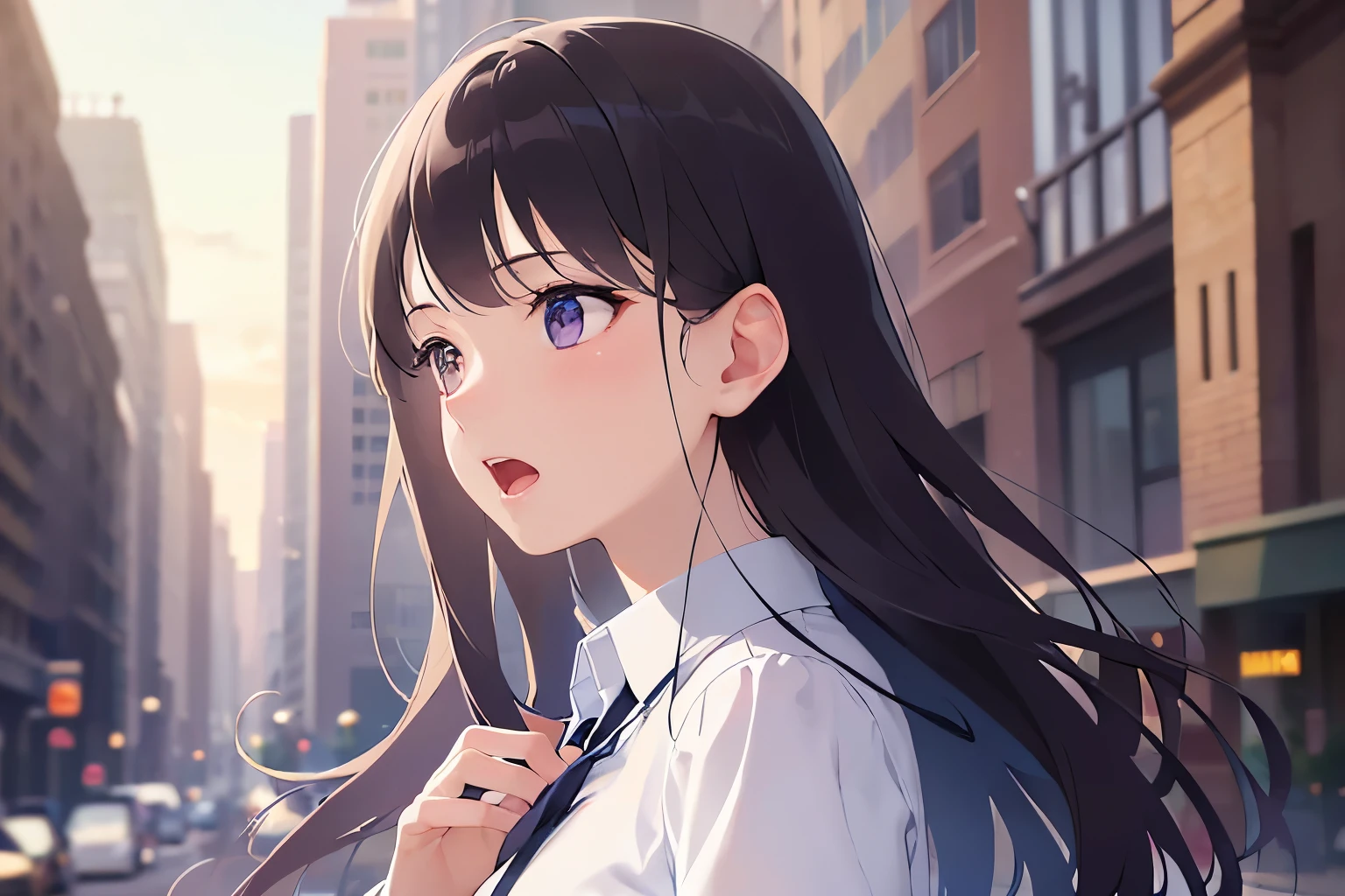 Detailed CG, Ultra-fine illustrations,masterpiece,highest quality, AW Photos,Realistic,BREAK(white collared shirt:1.5)BREAK,(Pale skin:1.2),Shiny skin Shiny Hair,(A 26-year-old woman with straight hair and bangs)and(Medium Hair)and(Black Hair)and(Purple eyes),(surprised:1.5)and(wide-eyed)and(blush),(open mouth),(hand on own mouth:1.5),(Biologically correct5Fingesurprised)and(missing fingers),The background is the city,alone,side angle,(looking away:1.5),profile
