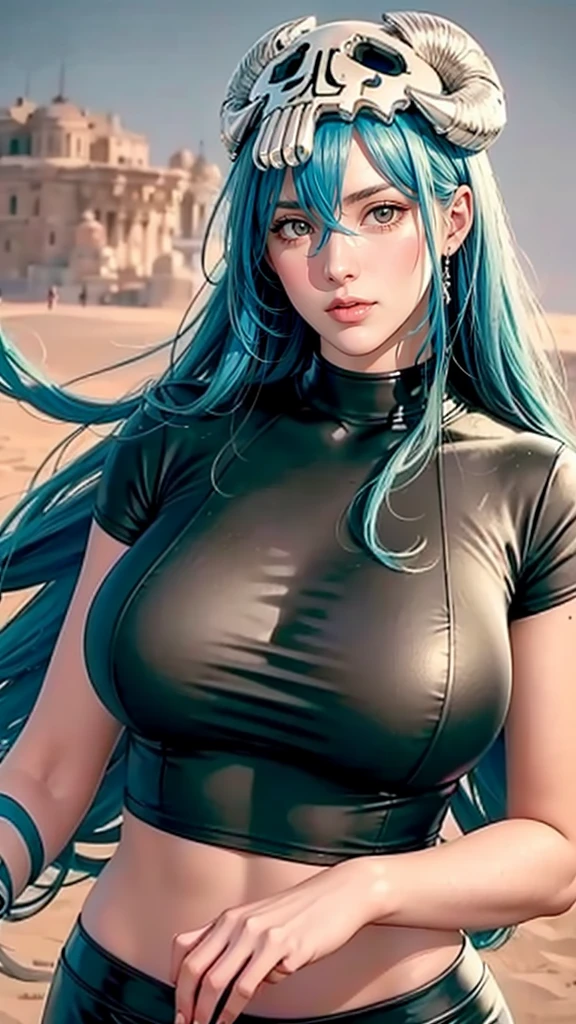 （（（Perfect figure，figure，odelschwanck，green clothes，（（（In the, long hair, facial mark, hair between eyes,  skull,skirt，yellow eyes，underboob,）））型figure:1.7））），((masterpiece)),high resolution, ((Best quality at best))，masterpiece，quality，Best quality，（（（ Exquisite facial features，looking at the audience,There is light in the eyes，Happy，***********nterlacing of light and shadow，huge boobs））），（（（looking into camera，desert background，）））