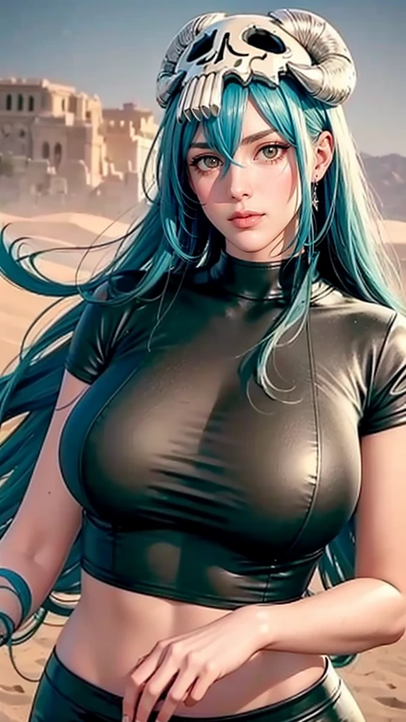 （（（Perfect figure，figure，odelschwanck，green clothes，（（（In the, long hair, facial mark, hair between eyes,  skull,skirt，yellow eyes，underboob,）））型figure:1.7））），((masterpiece)),high resolution, ((Best quality at best))，masterpiece，quality，Best quality，（（（ Exquisite facial features，looking at the audience,There is light in the eyes，Happy，***********nterlacing of light and shadow，huge boobs））），（（（looking into camera，desert background，）））