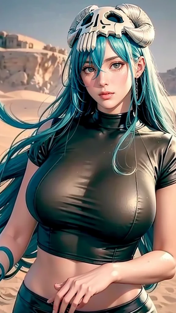 （（（Perfect figure，figure，odelschwanck，green clothes，（（（In the, long hair, facial mark, hair between eyes,  skull,skirt，yellow eyes，underboob,）））型figure:1.7））），((masterpiece)),high resolution, ((Best quality at best))，masterpiece，quality，Best quality，（（（ Exquisite facial features，looking at the audience,There is light in the eyes，Happy，***********nterlacing of light and shadow，huge boobs））），（（（looking into camera，desert background，）））