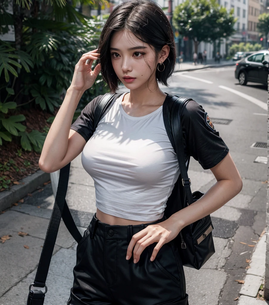 whole body, photorealistic, delicate facial features, medium tits, medium hair, black hair, tearful mole, earring, t-shirt, cargo pants, shorts, wet,