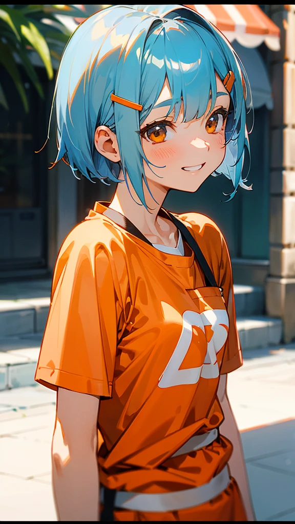 1 Girl、Anime Images、Cute Woman、shrimp、apron、Shiny light blue hair、Short Bob Hairstyles、Tie your hair with an orange hair clip、Beautiful brown eyes、Grin、From the side、Simple T-shirt、Shorts、A cafe terrace with sharp contours、Background Blur、Depth of the drawn border、Upper body close-up