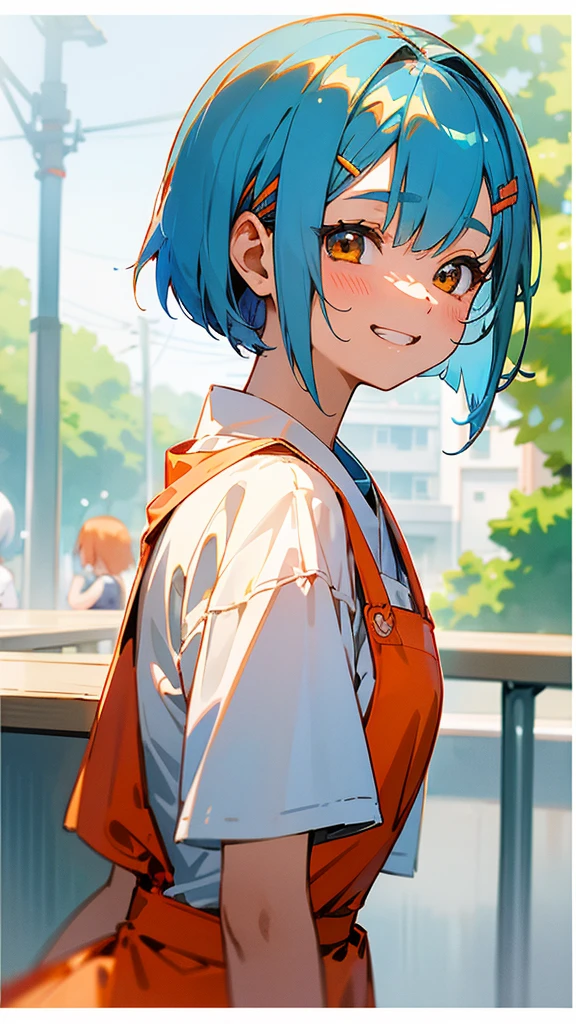 1 Girl、Anime Images、Cute Woman、shrimp、apron、Shiny light blue hair、Short Bob Hairstyles、Tie your hair with an orange hair clip、Beautiful brown eyes、Grin、From the side、Simple T-shirt、Shorts、A cafe terrace with sharp contours、Background Blur、Depth of the drawn border、Upper body close-up