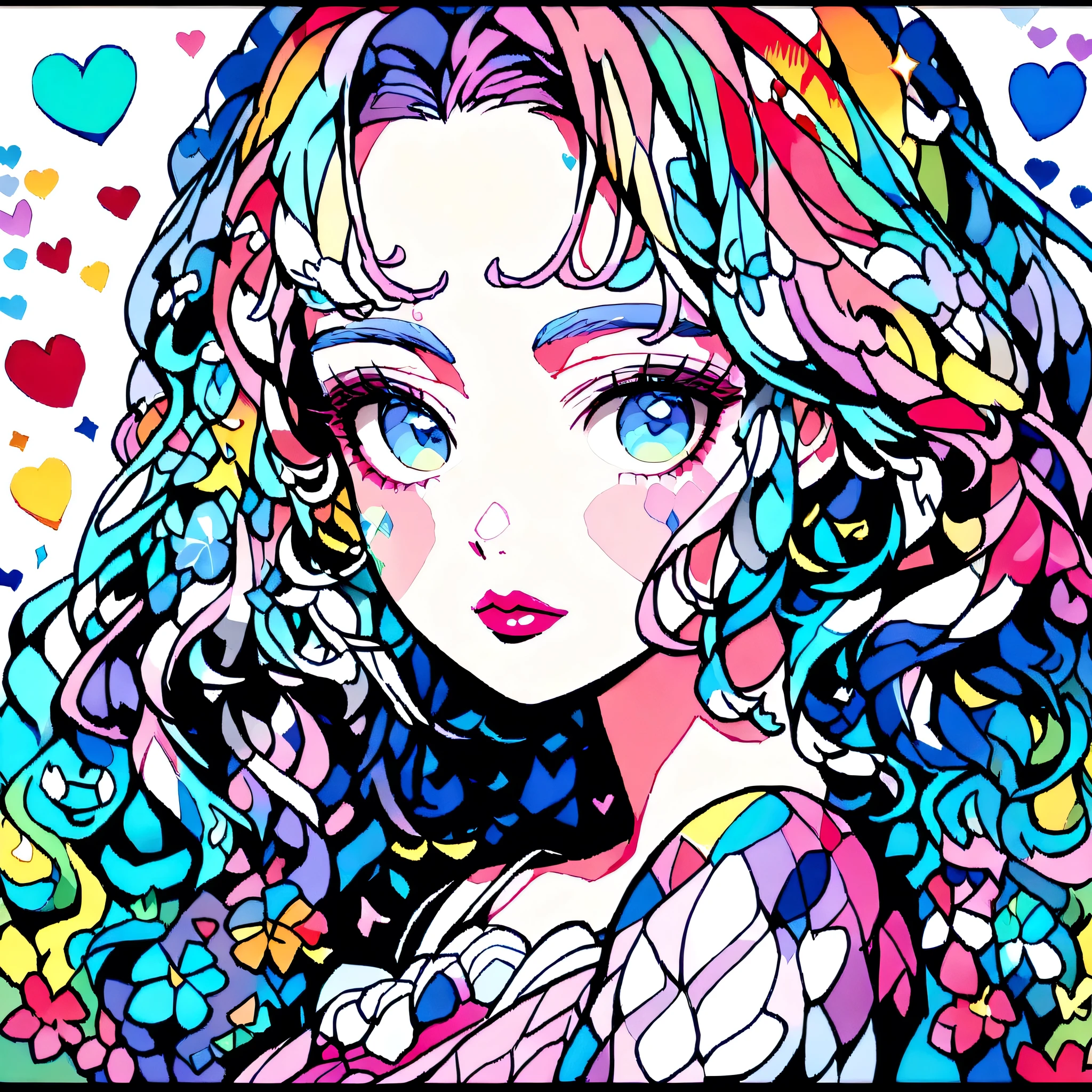 Yuusuke Nakamura Style、(((stylish fashion))), 8K Quality、Intense watercolor, Detailed watercolor art, Watercolor splash, Surreal, avant-garde pop art, Beautiful and expressive paintings, Beautiful artwork illustration, Very colorful tones, wonderful, Cool beauty, highest quality、Official Art, Vector art, Stylish design, (((The most beautiful girl))), (((highest quality))), HDR, ((detailed)), (((Doodle Art)), ((masterpiece)), ((Super detailed)), (((Colorful flowers))), colorful hearts, (((Stylish))), Lips in love
