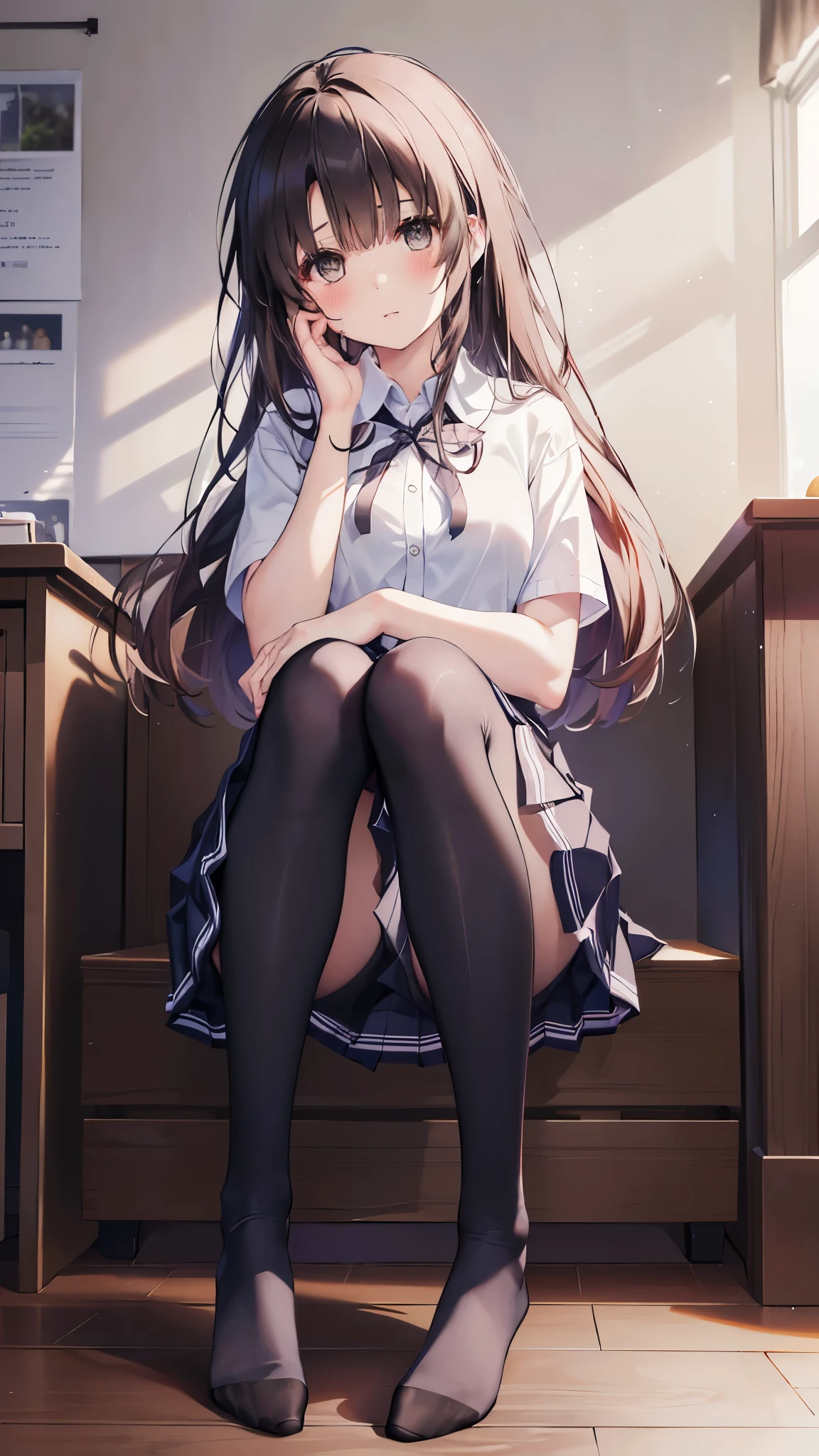 (8K、Best image quality、Highest quality、masterpiece)、One tall girl、((Full body))、Sitting on the floor、White panties are visible、Long Hair、Wavy Hair、blush、Moderate bust、White collared shirt、Short sleeve、((Plaid pleated mini skirt))、Classroom Background、((black tights))、Black Pantyhose、((No shoes))