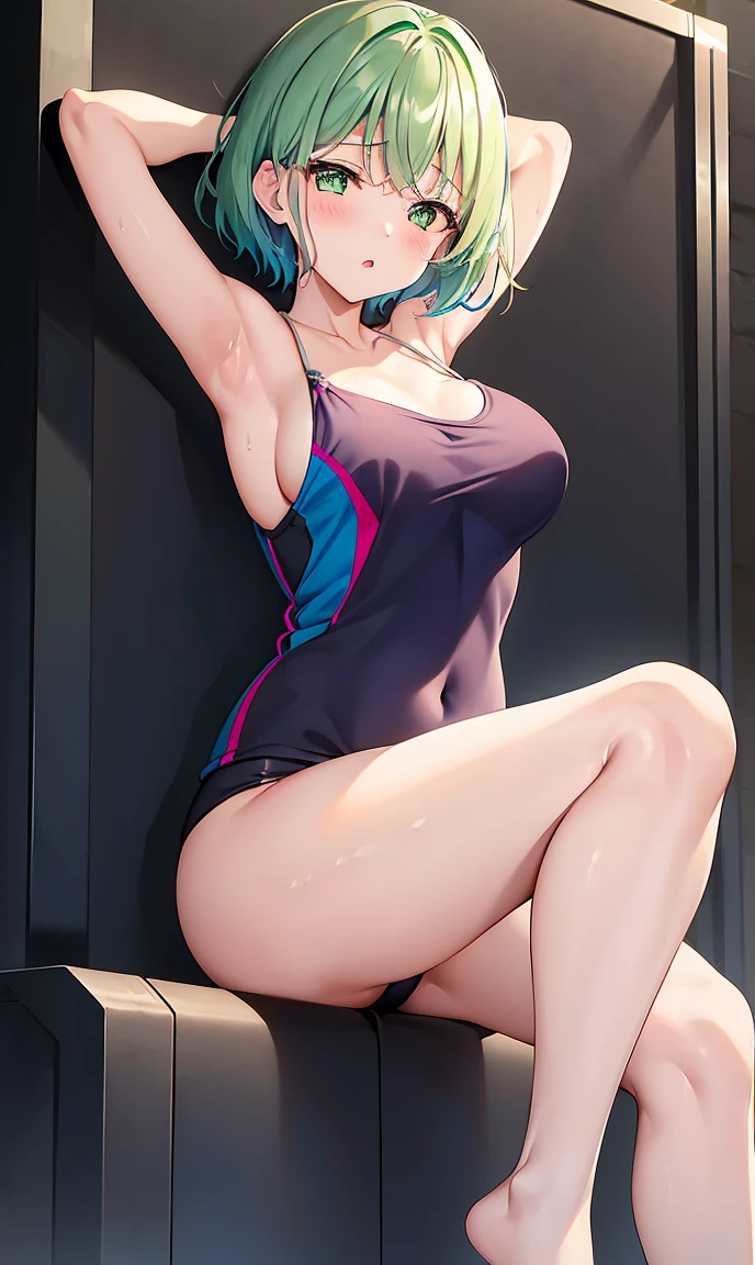 Girl with short green hair, The chest is medium, Green Eyes, 、(),Full body photo from head to toe,、cloth、(Clear Face)(Best Quality, High resolution, Super detailed),, (Vivid and colorful, The chest is clearly in focus),(Soft Brea、,、、Exposed chest,Full body photo from head to toe、、Lift the chest,、A viscous, cloudy liquid is on my body,M-shaped legs,yoga、stretch、Relax Mode、Training wear、Spread your legs and stretch your legs、New Gymnastics、Lying down、