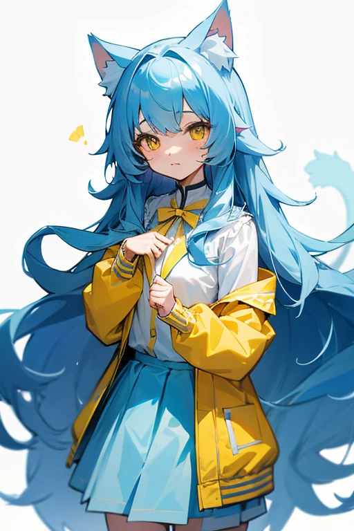 Light blue, slightly long curly hair、Cat ear、Yellow Eyes、White blouse、Yellow jacket、Light blue skirt、Light blue ribbon on chest、Girl、cute