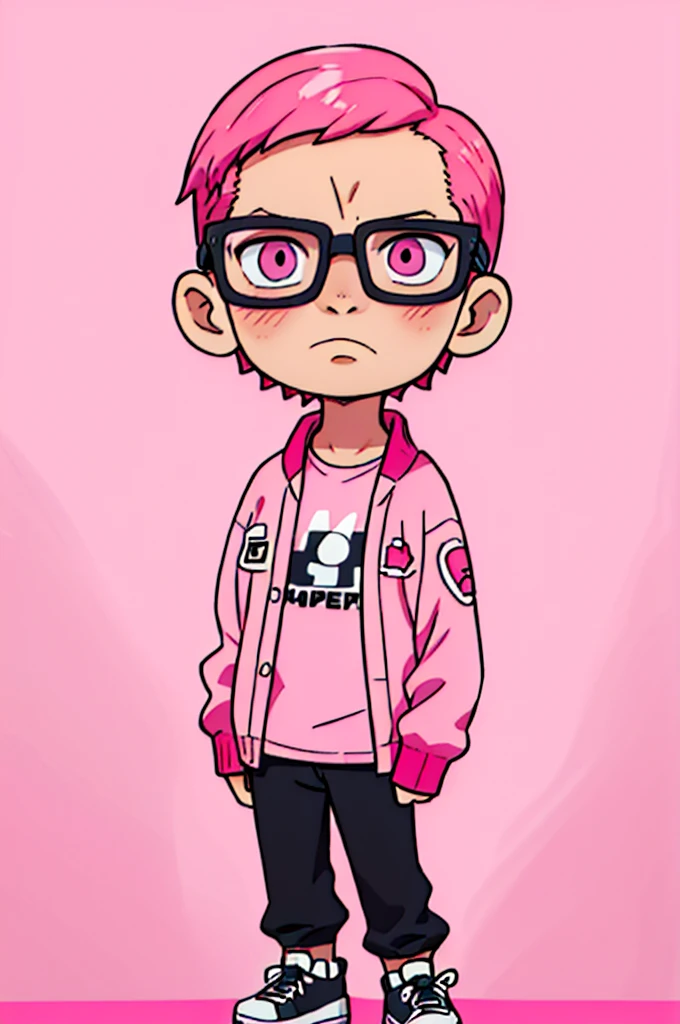 black pants, Sharp image, man, pink hair, wearing a pink jacket. , has a dull, bored face, wears round glasses, has short, neat hair,