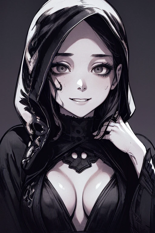 Highest quality, (Background details), High Contrast, Very beautiful woman, Detailed original illustrations、functional、Ninja、Ninja costume、Face hood、mask、Hand towel、Delicate face、attractive、Villainess、sexy、Real breasts、Crazy Smile, Crazy Eyes, Head close-up, Black background, (Black background: 1.5), Beautiful line art、Monochrome