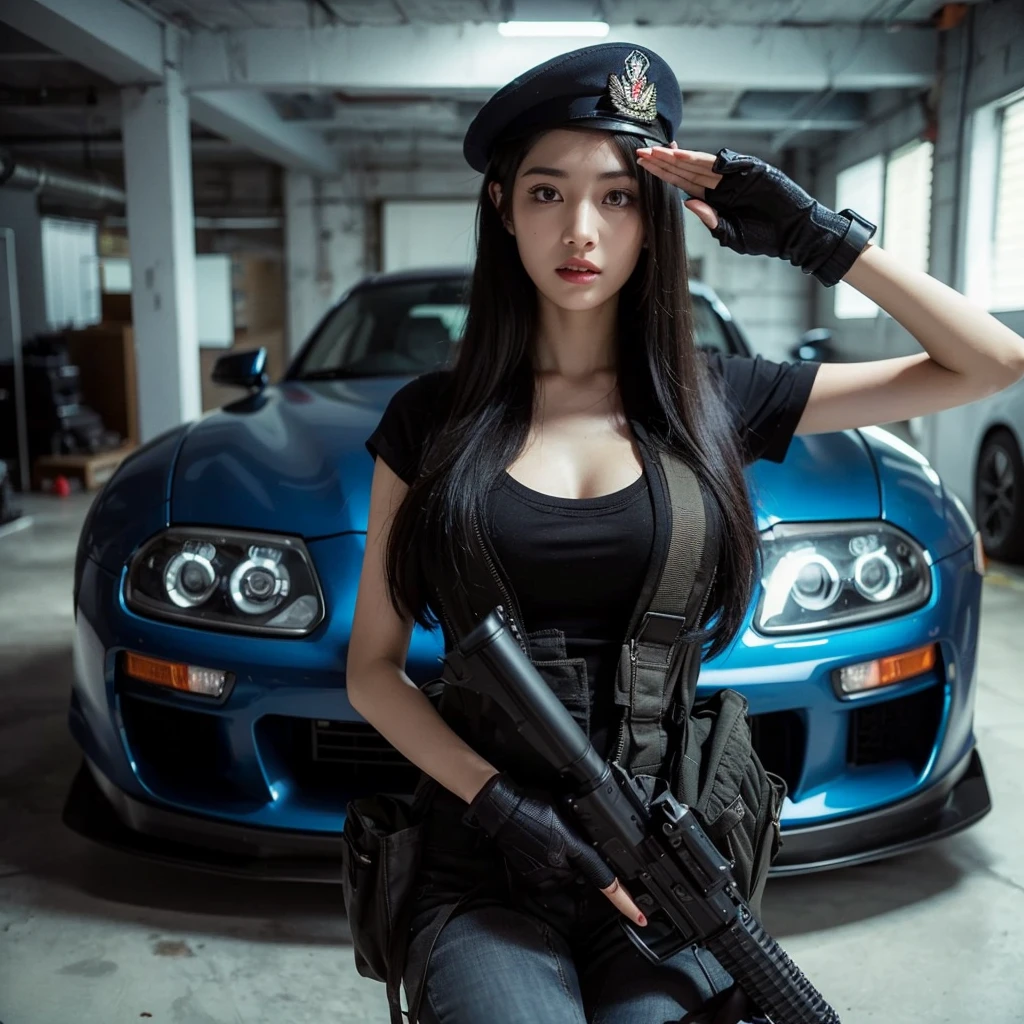 photography. beautiful Indonesian woman, white skin, long black hair, wearing a military hat, wearing black military clothes, one hand saluting, one holding a weapon, behind her is a blue MK4 Supra car, the basement is empty, the object is facing forward. realistic photography.