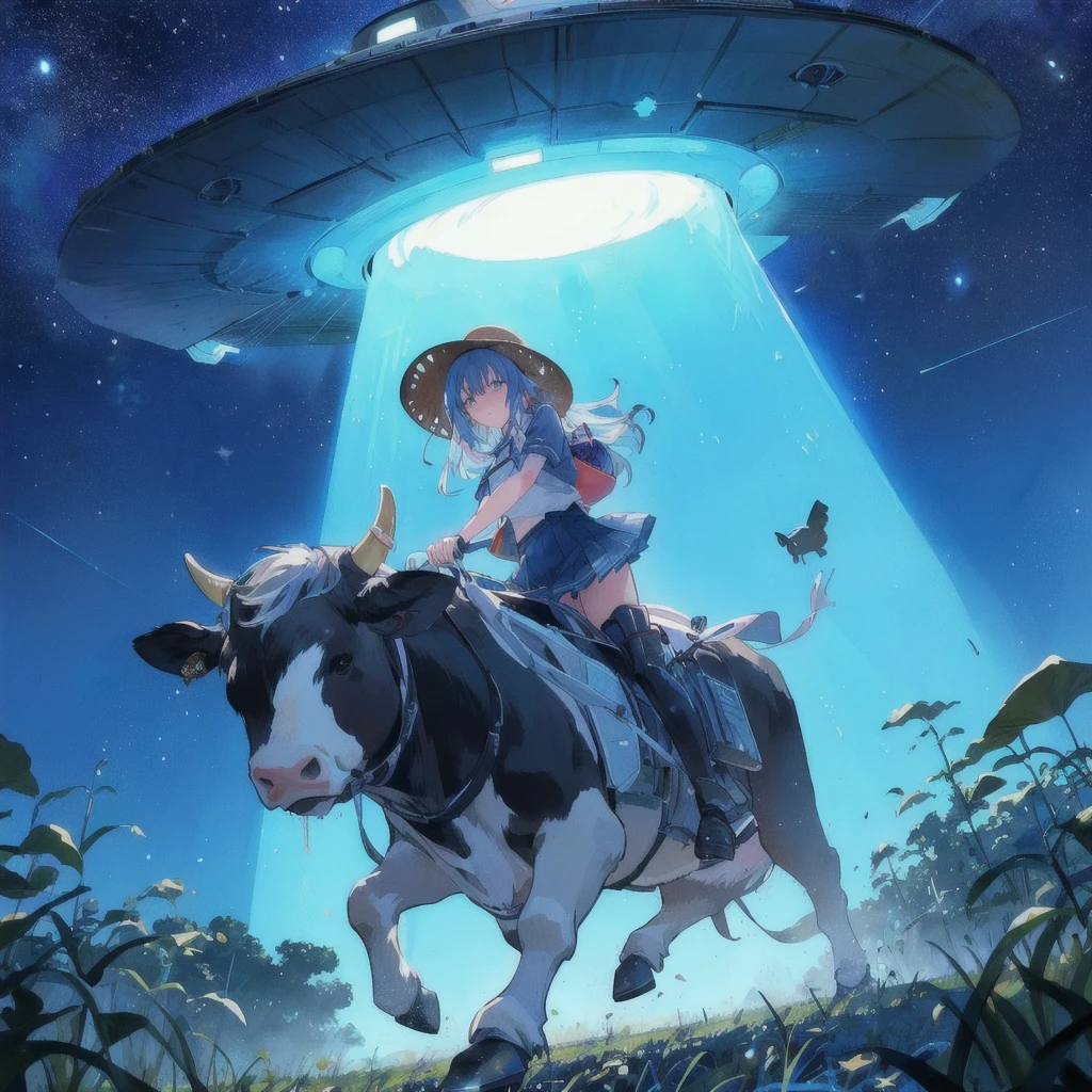 Anime girl riding a cow in a field with a spaceship floating overhead, Frightened face,UFO kidnapping, In the alien steppe, Cowgirl, SF Farm, Makoto Shinkai Cyril Rolland, flying cow, Alien abduction, Background Art, Goro Fujita, Official Fan Art, シリル・ロランドとGoro Fujita, Floating Agricultural Sphere