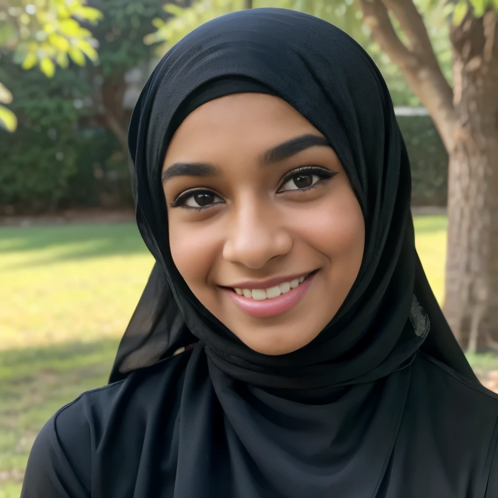 (Cute teen glamour model), gorgeous teen, ebony skinned arab, head and shoulders focus, youthful, young, teen, teenager, (looking at the camera), outdoor lighting, huge breasts, hijab, thin, skinny, dainty, delicate, no bra, black abaya dress, face focus portrait