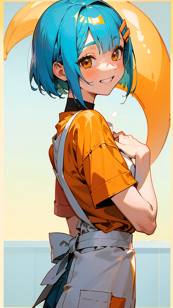 1 Girl、Anime Images、Cute Woman、shrimp、apron、Shiny light blue hair、Short Bob Hairstyles、Tie your hair with an orange hair clip、Beautiful brown eyes、Grin、From the side、Simple T-shirt、Shorts、A cafe terrace with sharp contours、Background Blur、Depth of the drawn border、Upper body close-up