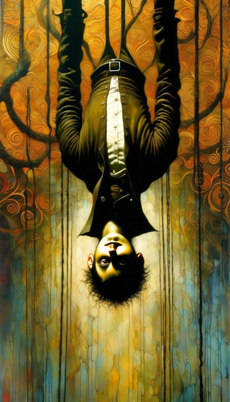 the man hanging upside down, Artwork inspired by Dave Mckean, intricate details, oil painted