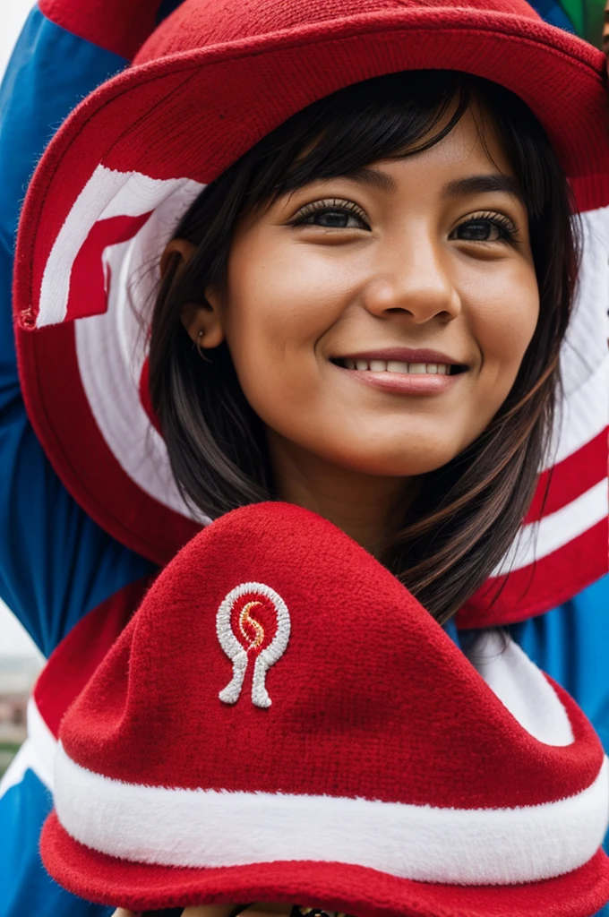 A bright red hat with the Peruvian flag in the center
