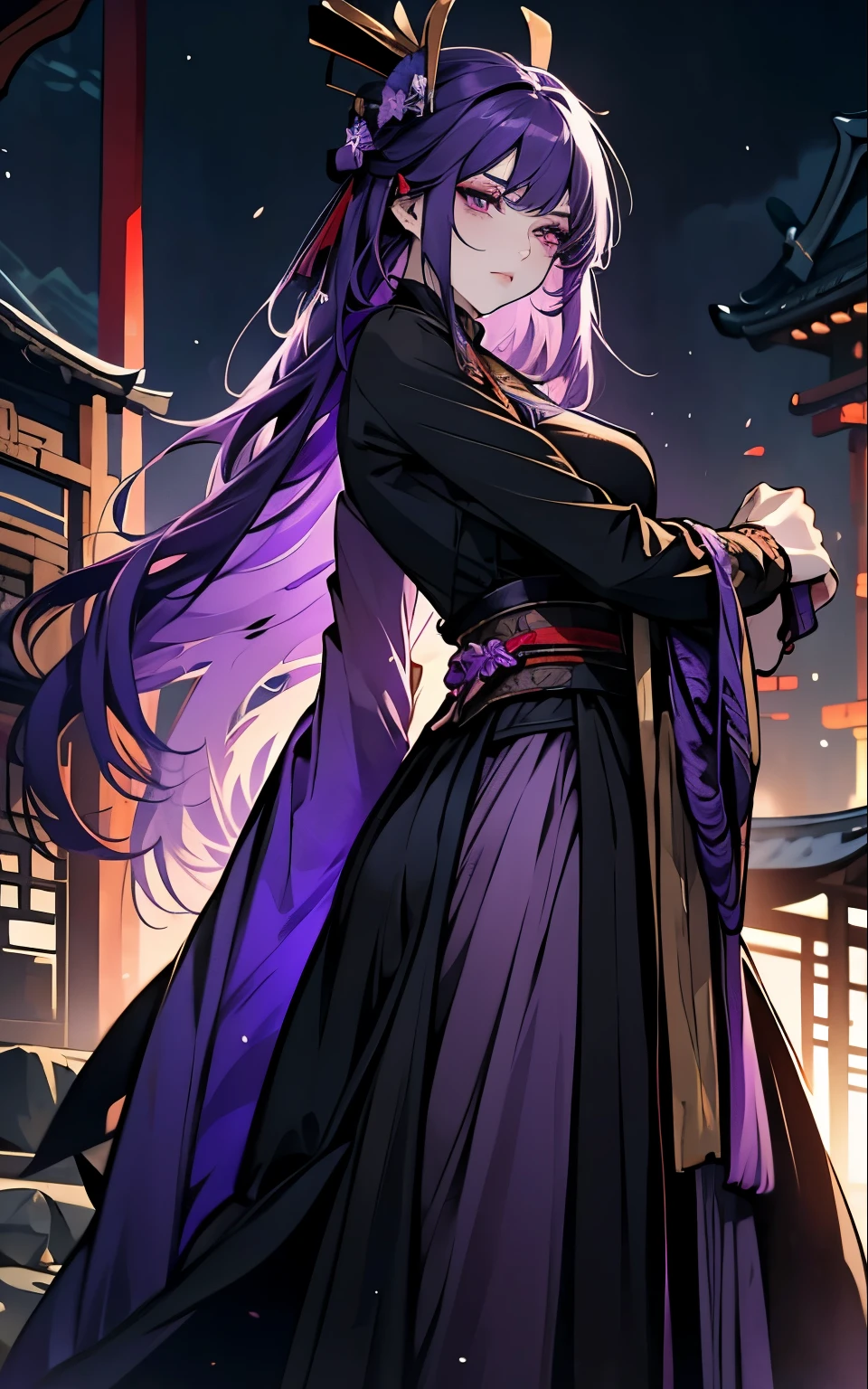 1 women, Raiden Shogun - genshin impact, long purple hair, violet eyes, violet chinese clothes, ultra long skirt, Fight, battle, blood