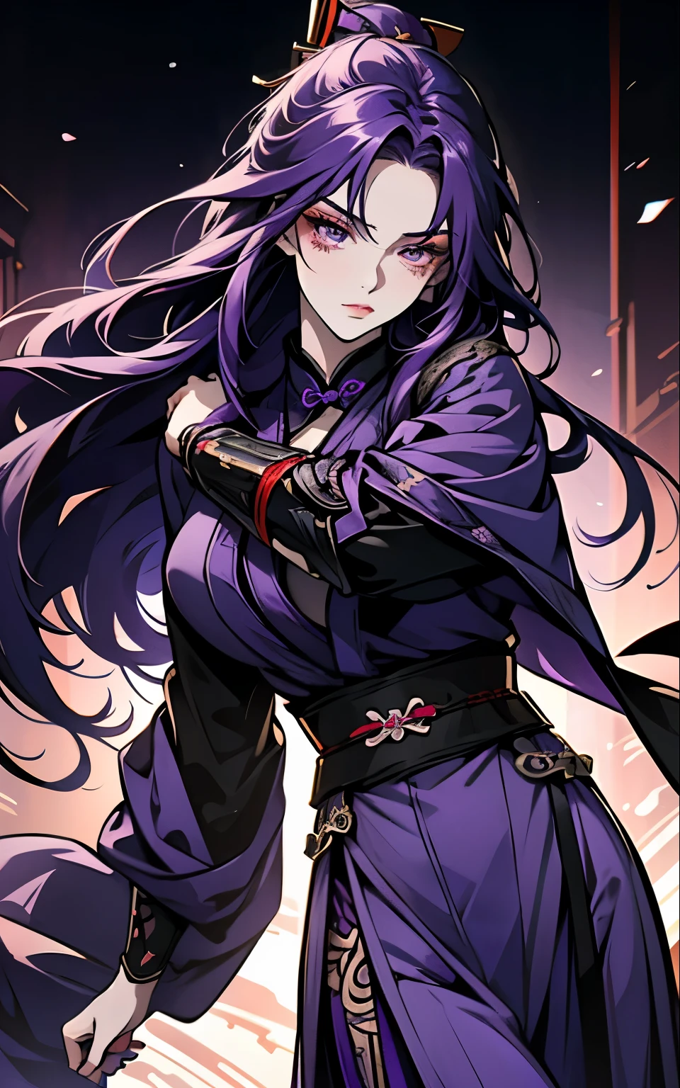 1 women, Raiden Shogun - genshin impact, long purple hair, violet eyes, violet chinese clothes, ultra long skirt, Fight, battle, blood