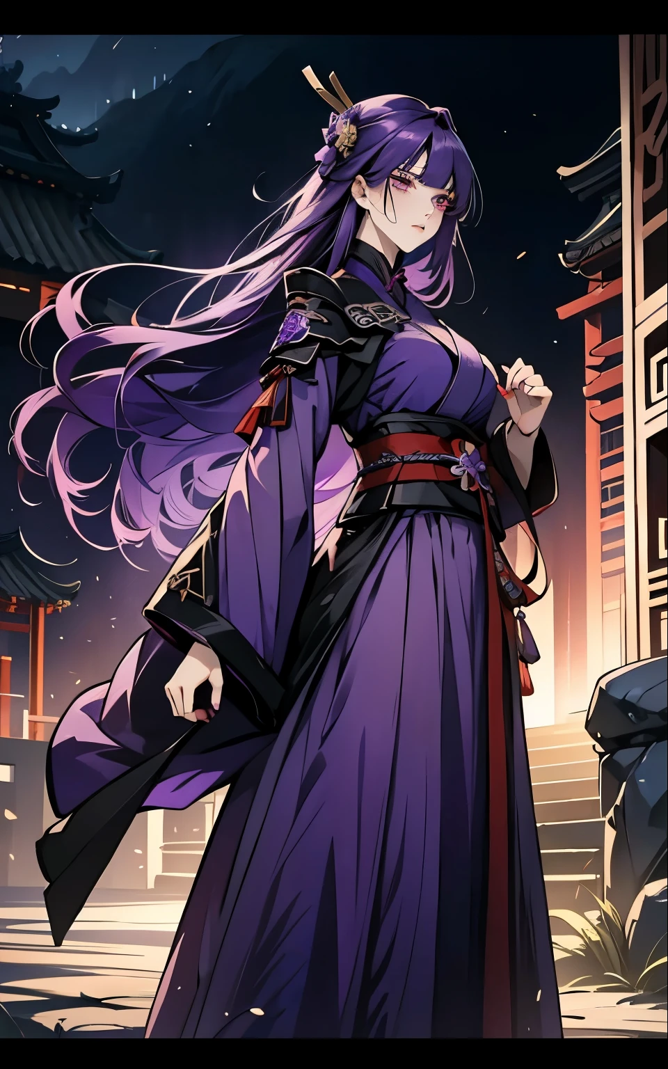 1 women, Raiden Shogun - genshin impact, long purple hair, violet eyes, violet chinese clothes, ultra long skirt, Fight, battle, blood