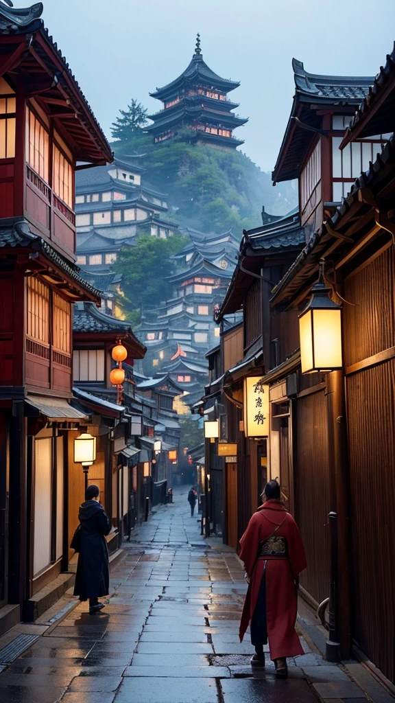 anime - style scene of a street with a man in a cloak, ghost of tsushima, traditional japanese concept art, dreamy chinese town, ancient chinese town, sekiro in bloodborne world, cyberpunk chinese temple, 4 k resolution concept art, chinese city, 4k concept art, 4 k concept art, feng zhu concept art, concept art stunning atmosphere