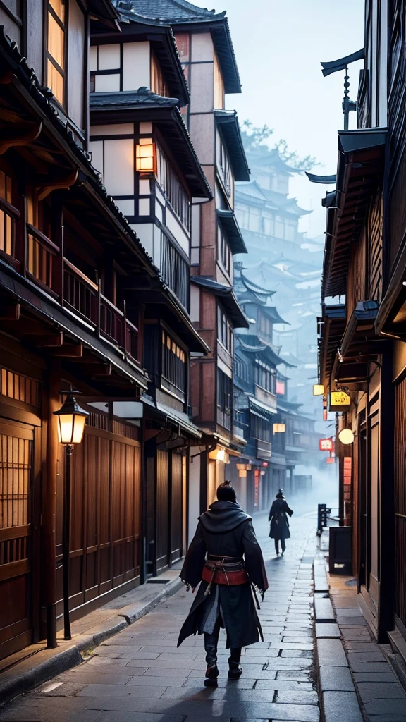 anime - style scene of a street with a man in a cloak, ghost of tsushima, traditional japanese concept art, dreamy chinese town, ancient chinese town, sekiro in bloodborne world, cyberpunk chinese temple, 4 k resolution concept art, chinese city, 4k concept art, 4 k concept art, feng zhu concept art, concept art stunning atmosphere