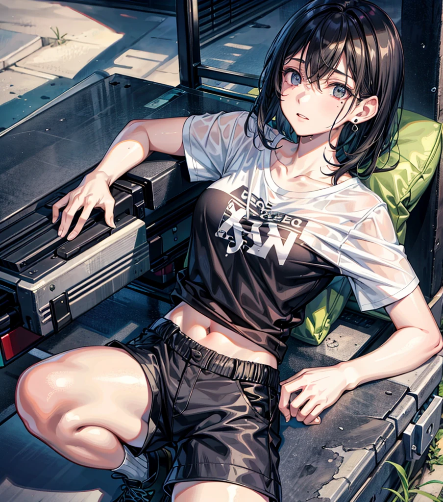 whole body, photorealistic, delicate facial features, medium tits, medium hair, black hair, tearful mole, earring, t-shirt, cargo pants, shorts, wet,