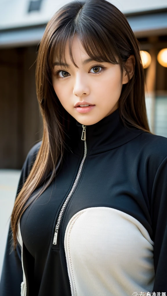 Big Breastsの日本人女性、Blonde、Big Breasts、whole body、front、The most beautiful woman in Japan、Dark brown eyes、He is wearing a black zip-up jersey、Bright eyes with sharp details（Looking into the camera）、