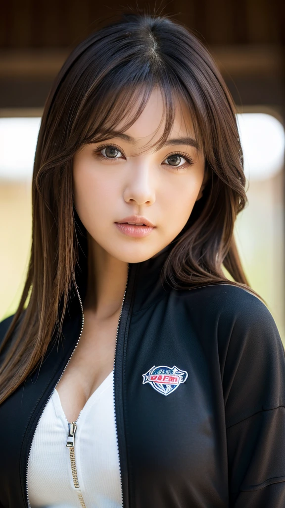 Big Breastsの日本人女性、Blonde、Big Breasts、whole body、front、The most beautiful woman in Japan、Dark brown eyes、He is wearing a black zip-up jersey、Bright eyes with sharp details(Looking into the camera)、