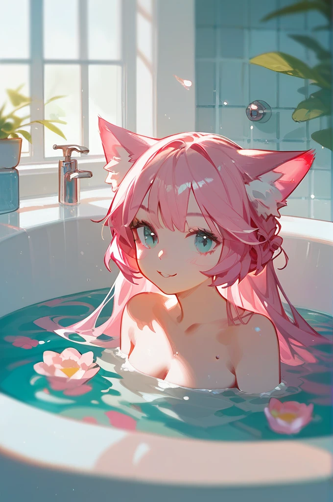 score_9,score_8_up,score_7_up,, 1girl with cat ear and pink hair bath ,
