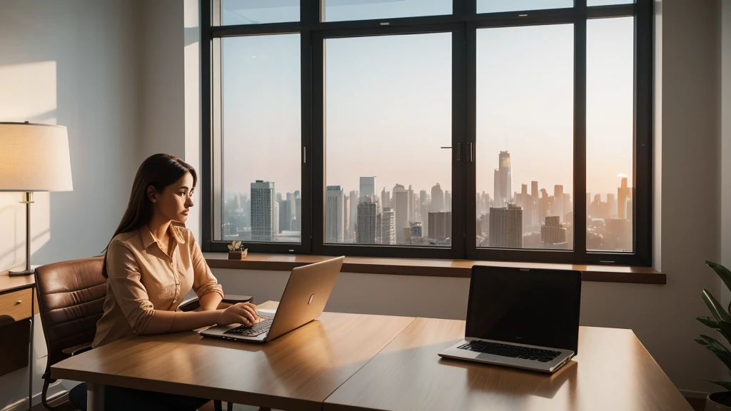a freelancer working in the office, girl sitting at desk, laptop computer, coffee mug, books, papers, lamp, window view of city skyline, natural lighting, warm color tones, photorealistic, highly detailed, cinematic, 8k, masterpiece