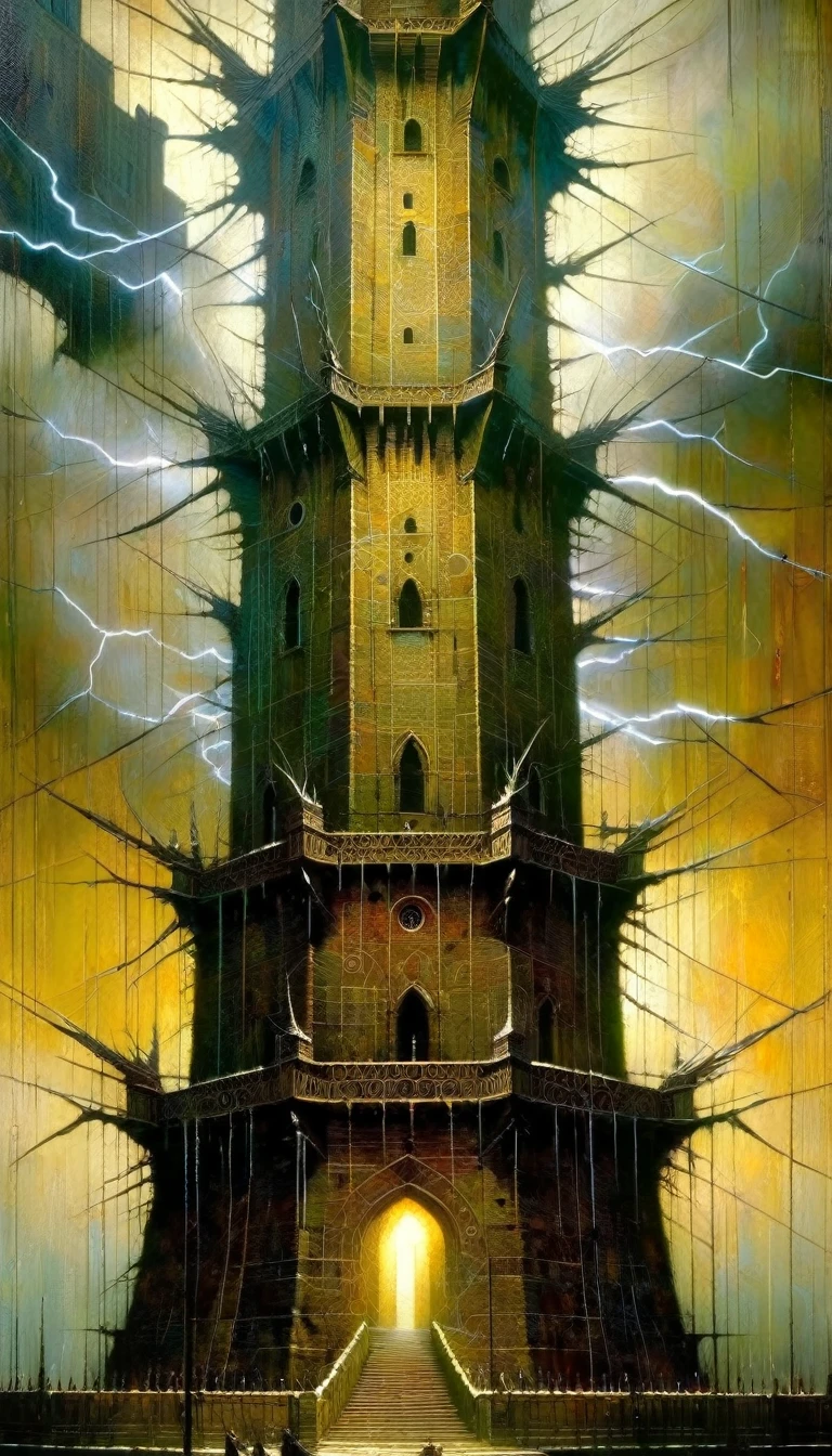 lightning strikes the great tower, Artwork inspired by Dave Mckean, intricate details, oil painted