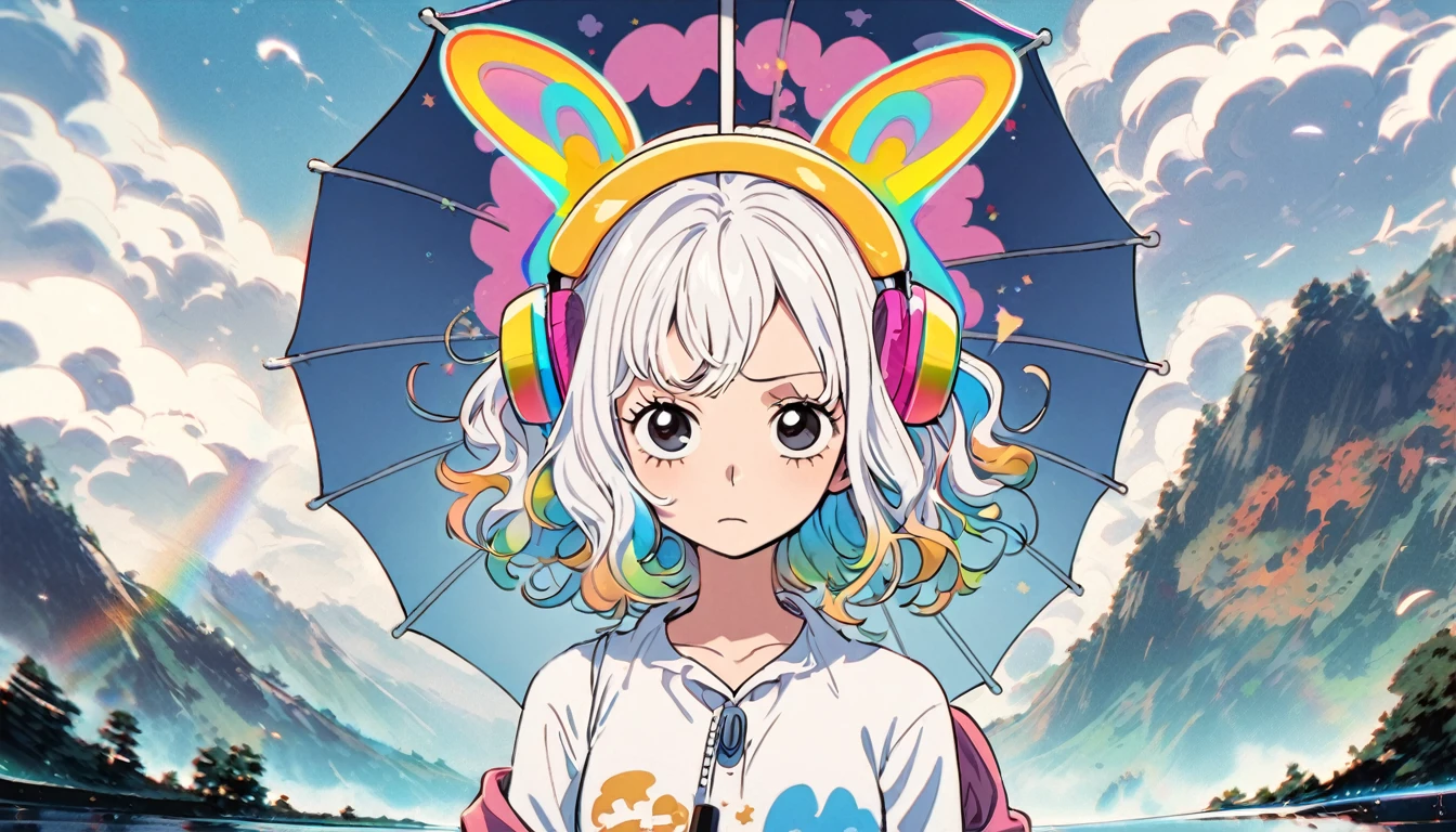 Handsome cute, Solitary, 1 female, Medium Length Hair, white hair, Rainbow hair, sleepy Eyes, Rainbow headphone, one piece, Futuristic, panoramic, background emotional, world, looking away, point to the umbrella and let the cat in,