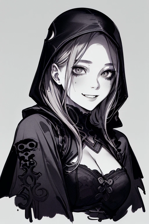 Highest quality, (Background details), High Contrast, Very beautiful woman, Detailed original illustrations、functional、Ninja、Ninja costume、Face hood、mask、Delicate face、attractive、Villainess、sexy、Real breasts、Crazy Smile, Crazy Eyes, Head close-up, Black background, (Black background: 1.5), Beautiful line art、Monochrome